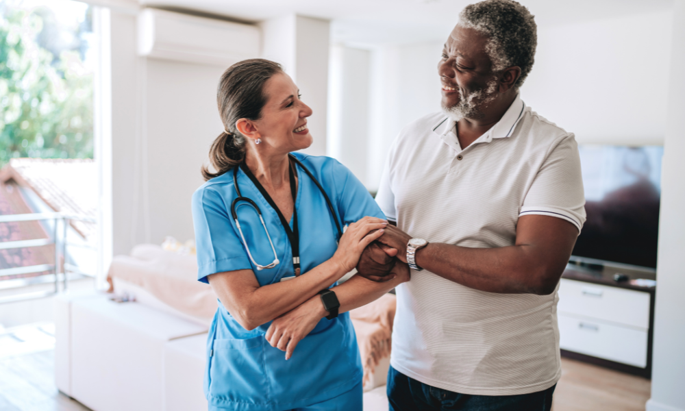 Professional caregiver delivering round-the-clock homecare support for seniors.