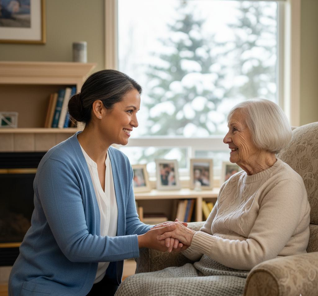 Caregiver assisting a senior with daily activities at home.