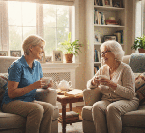 Caregiver providing supportive homecare services to enhance a senior’s daily comfort.