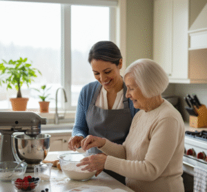 Compassionate caregiver providing personalized support to a senior.